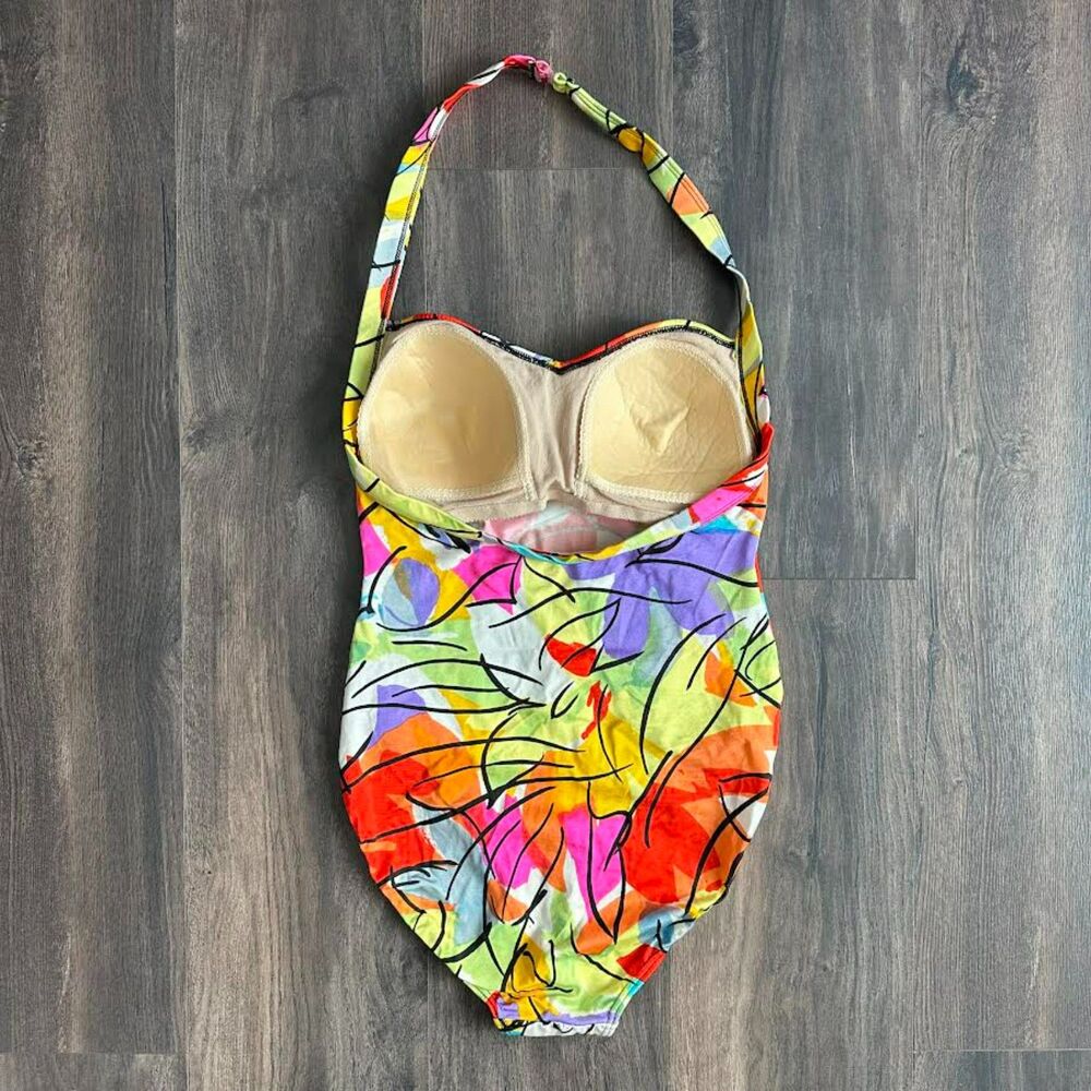 Vintage Christian Dior One-Piece Swimsuit Halter Bright Colorful Abstract Print - Picture 5 of 8